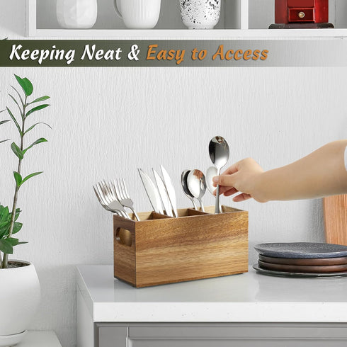 Acacia Wooden Utensil Caddy, Silverware Holder, Cutlery Organizer for Countertop, Fork Spoon Knife Holder for Party