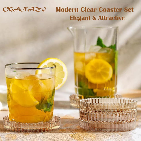 OGANAZI Set 5- Modern Clear Coaster of Glass Coasters for Drinks Crystal Coasters Round Cup Coasters Coffee Table Decor