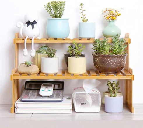 GURECOD 10.8" 2 (10.8" Tiers Bamboo Plant Stand Shelf,Desk Flower Pot Holder,Adjustable Desktop Shelf Display Organizer