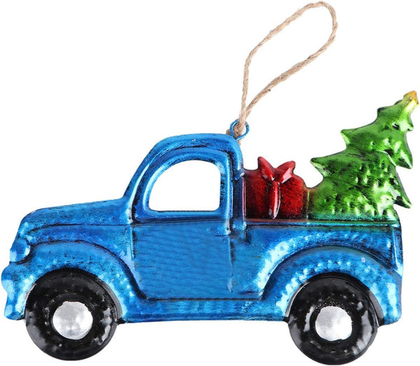 Christmas Pickup Truck Ornament, Iron and Glass Hanging Decoration Carrying Xmas Trees, Vintage Farmhouse Decor