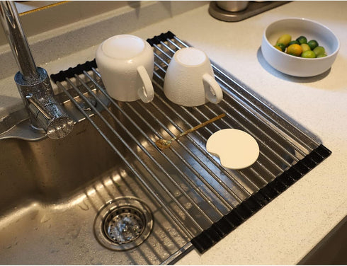 Roll Up Dish Drying Rack Over The Sink, Portable Stainless Steel Folding Mat for Kitchen Counter (Black,