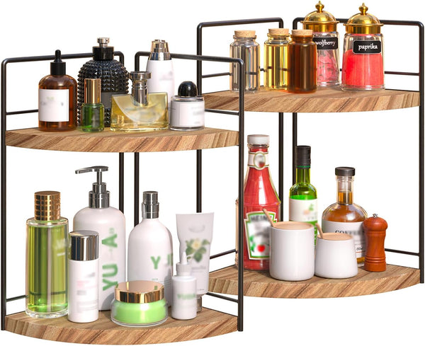 BSTSLL 2 Pack Bathroom Counter Organizer, 2 Tier Corner Bathroom Counter Organizer Wooden