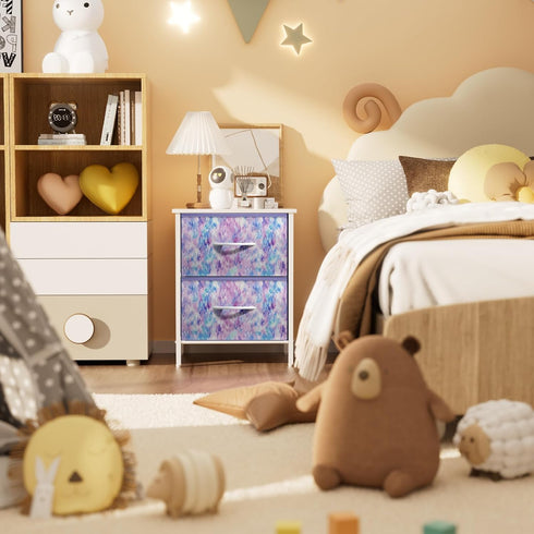 2 Stero Nightstand, Kids Dresser with Drawers, Steel Frame Bedside Furniture, Wood Top Fabric Night Stand, Colorful End