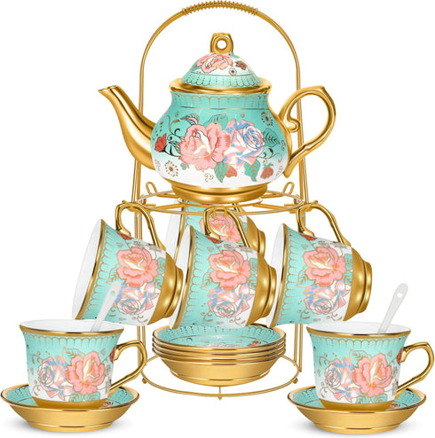 20 Pcs Porcelain Tea Set for Adults with Metal Holder and Spoon