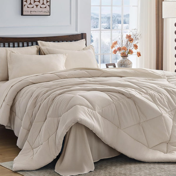 HEVUMYI Beige Tan Full Comforter Set - 7-Piece All Season Bed in