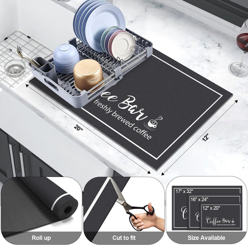 Dish Drying Mat - 12"x20" Absorbent Coffee Bar Mat for Countertops with Coffee Cup Pattern for Kitchen Decoration