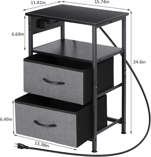 2 NANANARDOSO Nightstand with Charging Station, Small Bedside Table with Fabric Drawers and Storage Shelf, Rustic End