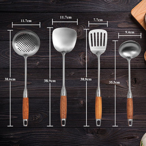 Stainless Steel Kitchen Utensil Set, 4 Pcs Cooking Cookware Set with Heat Resistant Wooden Hand