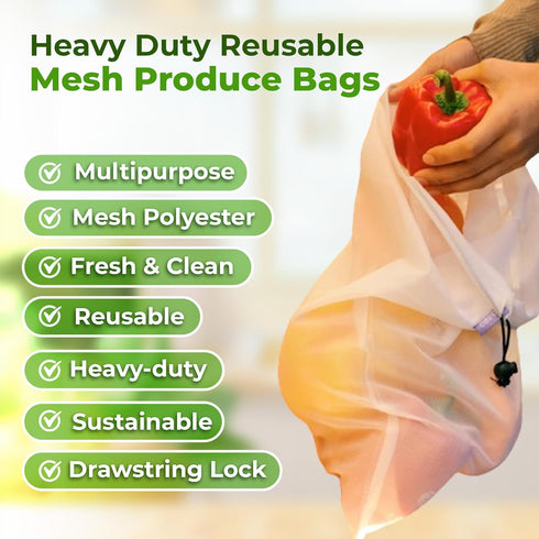 Set 9 purifyou of Reusable Produce Bags Heavy Duty Washable Mesh Grocery Bags with Drawstring, Ideal for Farmers
