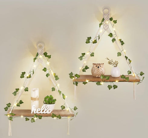 Mkono Artificial Ivy Macrame Hanging Shelves with Lights Set of 2 Boho