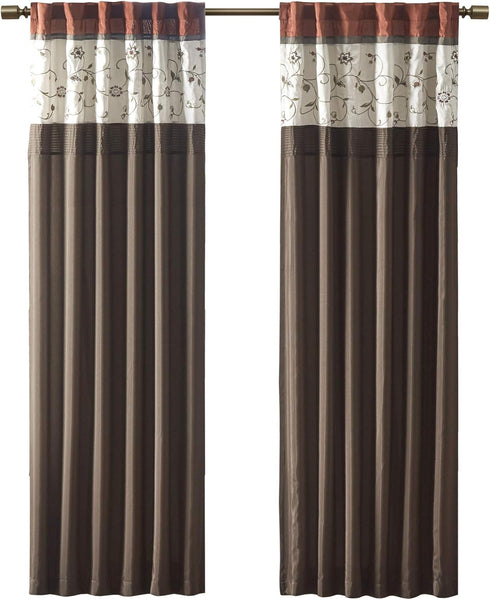Madison Park Serene Embroidered Light Filtering Curtain Rod Pocket/Back Tab Single Panel Drape, 50x84, Spice