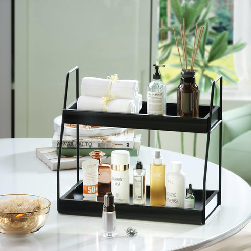 2-Tier Counter 2 ZGO Modern Bathroom Organizer, Wooden Sink Organizer Shelf for Vanity Storage, Makeup Bedroom Corner