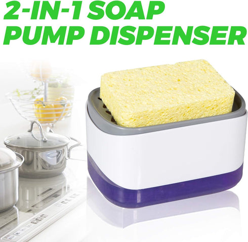 Dish Soap Dispenser for Kitchen, 2-in-1 Soap Pump Dispenser and Sponge Holder, Countertop (White)