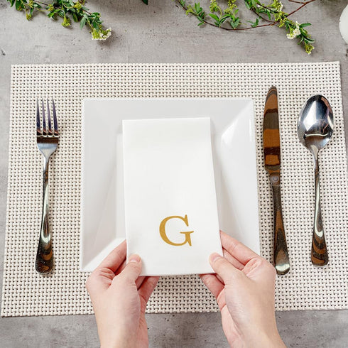 15.8 7.9 Inch 50 Luxenap X Linen-Feel Guest Towels, Lettered Hand Towels - Gold Letter 'G', Sans Serif Font, White