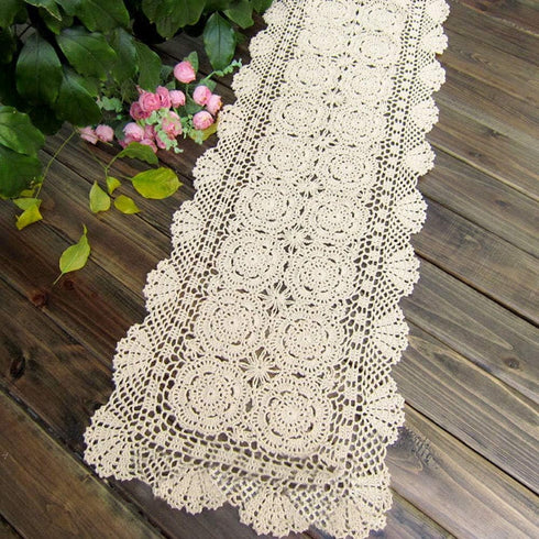 KEPSWET Cotton Handmade Crochet Lace Table Runner, Beige Rectangle, 14x72 inch for Coffee Table Decor