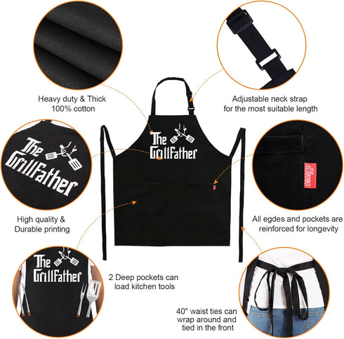 Grill Aprons for Men Dad, The Grill Father Apron, Funny Chef BBQ Apron with 2 Pockets