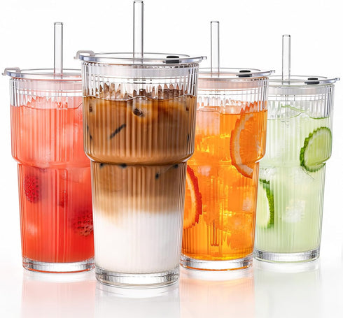 GOSCHE 20oz Glass Tumblers with Straws and Lids, Ribbed Iced Coffee Cups
