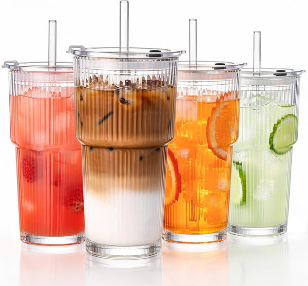 GOSCHE 20oz Glass Tumblers with Straws and Lids, Ribbed Iced Coffee Cups
