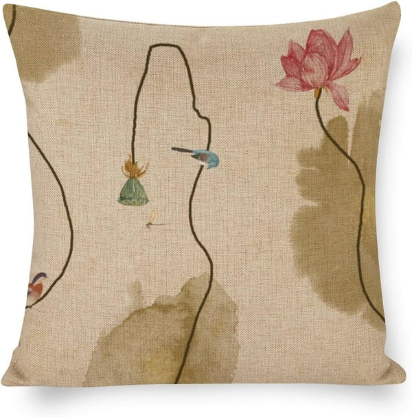 Chinoiserie Throw Pillow Cover, Lotus Ink Painting Flowers, Farmhouse Home Decor 18"x18"