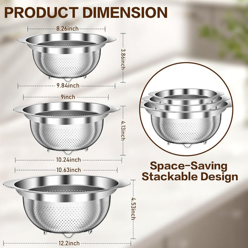 3 Colanders(2QT, 3QT, 5QT), Stainless Steel Colander for Kitchen, Stainless Steel Strainer, Pasta Strainer