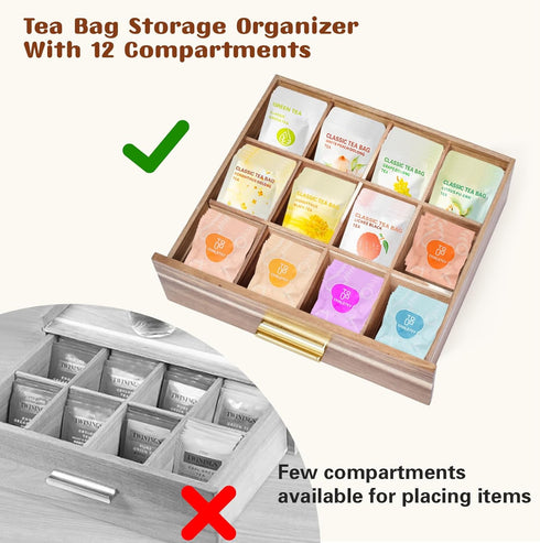 NANXITU Drawer,with12 Countertop Acacia Wood Tea Holder Organizer,Tea Box Organizer Storage Box,Tea Caddy for Tea Bags