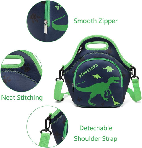 VASCHY Lunch Bag for Kids - Insulated Neoprene Lightweight Lunch Box for Boys and Girls, Dinosaur Design
