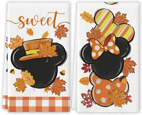 Fall Kitchen Towels with Cartoon Mouse Design, Autumn Harvest Dish Towels for Home Party Decoration