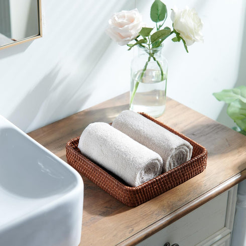 Rattan Serving Tray, Rectangular Woven Tray, Natural Wicker Decorative Baskets for Kitchen, Bathroom, Tabletop (Dark