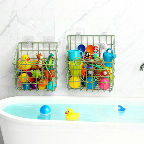 2 PackBath Greentainer Toy Organizer, Wall Mounted Shower Storage Basket - Metal Bathtub Toy Holder with Hooks