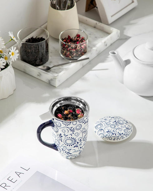 18 oz vancasso SELENE Porcelain Tea Mug, Porcelain Tea Cup with Infuser and Lid Steeps Loose Leaf Tea, Microwave