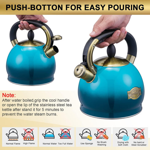s-p Whistling Tea Kettle, Stainless Steel Teapot (2.8 QUART, Blue) for Stove Top Use