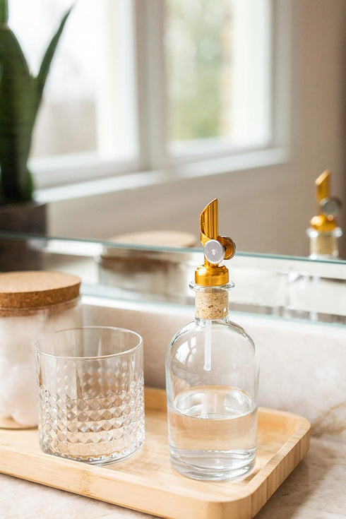Rail19 Small Clear Glass Mouthwash Dispenser with Metal Pour Spout, 8oz, Perfect for Bathroom, Kitchen, and Tabletop