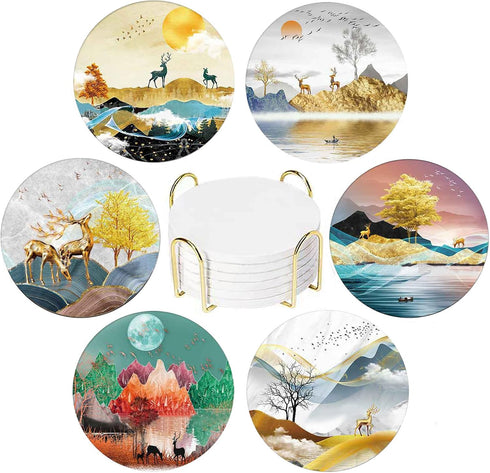 Drink Coasters Set of 6 with Holder, Ceramic Absorbent Boho Coaster for