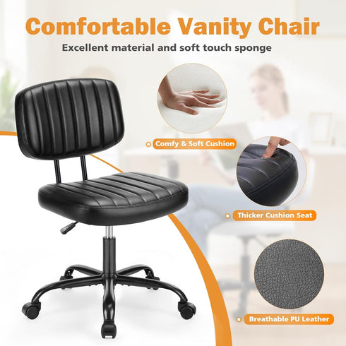 Armless Sweetcrispy Small Office Desk Chair - PU Leather with Comfy Lumbar Support, Height Adjustable Rolling Swivel