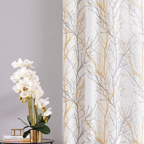 FMFUNCTEX Linen Semi Sheer Curtains - Yellow White 45 Inches Long for Bedroom, Grey Tree Branch Print