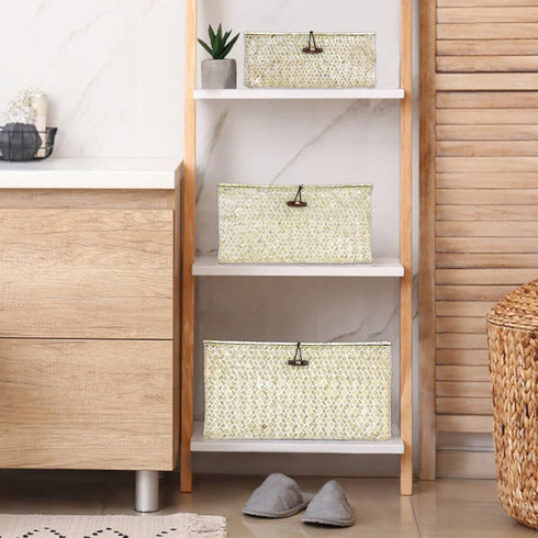 Hipiwe Wicker Shelf Baskets Bin with Lid, Natural Seagrass Storage Boxes, Multipurpose Home Organizer Bins