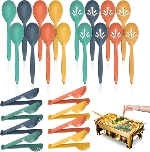 Reusable Plastic Serving Utensils Set of 24, Wheat Straw Large Serving Spoons, Slotted Spoons, and Tongs (Orange/Blue)