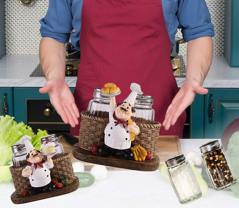 Salt and Pepper Shakers Set, Sitting Chef Decorative Statue Spice Organizer, Glass Spice Jars with Holder Gift for