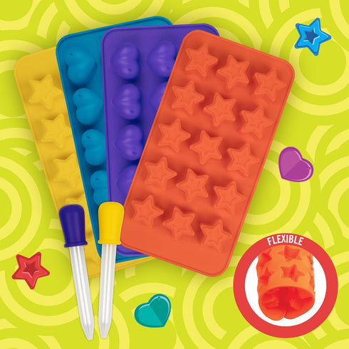Star & Heart Silicone Gummy Candy Molds, 4 Pack Set - XL Nonstick Trays with 2 Droppers for Chocolate, Ice Cubes,