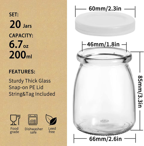 6.7oz 20Pack, (Set 20) Small Glass Jars Clear Glass Pudding Jars with PE Lids and Tags, Spice Jars/Glass Jelly