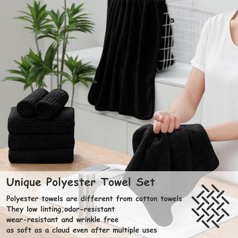 18 Set-6 Sheets,6 Towels,6 Set Pcs Black Woven Family Towels Bath Hand Washcloths Soft Polyester Towels Absorbent