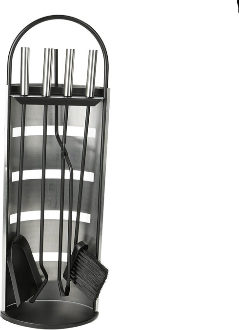 Mind Reader Fireplace Set with Stand - 4 Pcs, Durable Steel, Brush, Shovel Scoop, Poker, Tongs, Silver