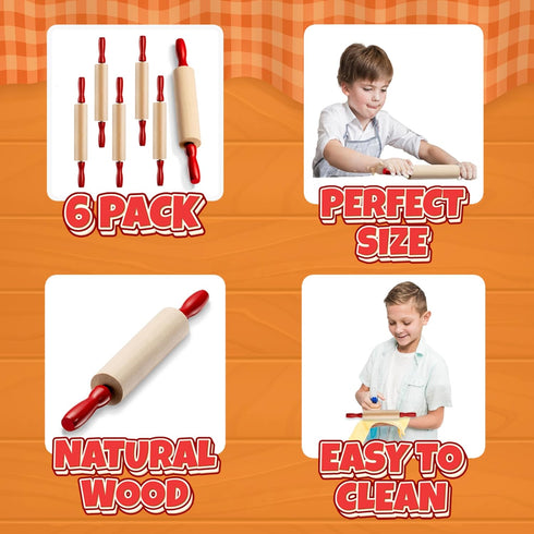 Mini Rolling Pin 7.5 Inch (6 Pack) Kids Rolling Pin Set for Play Dough, Wooden Baking Pins with Handles