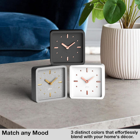 Driini Modern Mid Century Desk & Shelf Clock, White Rose Gold, Battery Operated with Silent Analog Movement