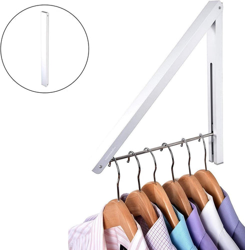 Foldable Clothing Rack, Wall-Mounted Retractable Clothes Hanger for Laundry Room, Small Collapsible Drying Rod (White)