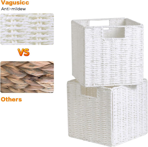 Vagusicc Wicker Storage Basket, Set of 2 Foldable Cube Storage Bins, 11 Inch Square (White)