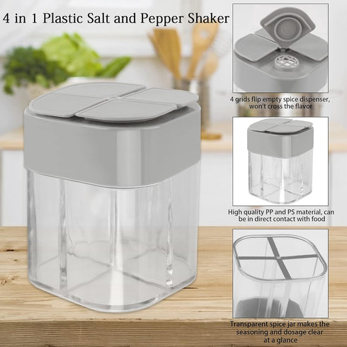 4 Pack 4 in 1 Plastic Salt and Pepper Shaker, 4 Grids Flip Empty Spice Dispensers Travel Spice Container Compartment Seasoning Shakers with Lid Travel Spice Jars with Labels for Cooking BBQ by Runloon