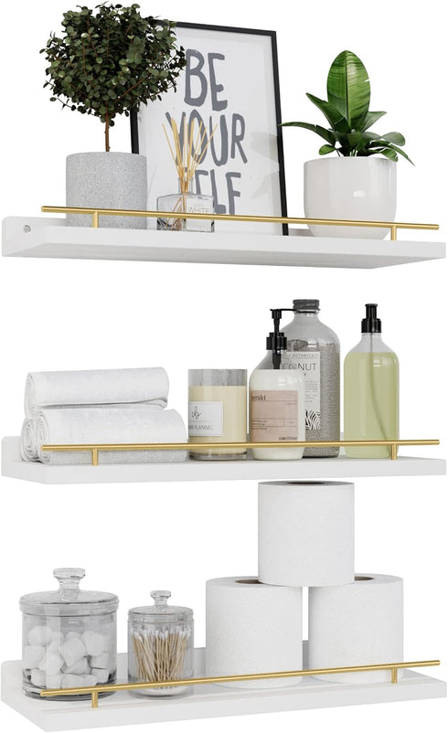 WOPITUES Floating Shelves with Gold Metal Guardrail, Shelves for Wall Decor Set