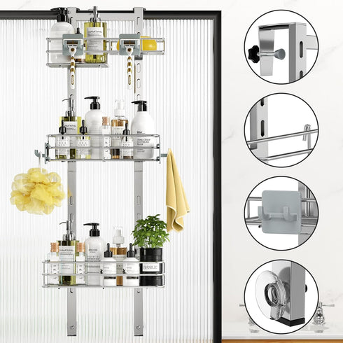 3-Tier 4 ODesign Over The Door Shower Caddy, Adjustable Hanging Shower Caddy with Soap Holder & Hooks, Rustproof