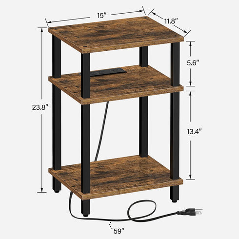 3-Tier TB01BB042 TUTOTAK End Table with Charging Station, Side Table with USB Ports and Outlets, Nightstand, Storage